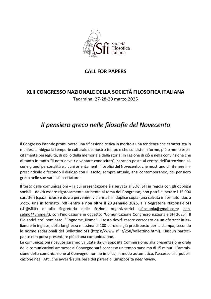 CALL FOR PAPERS - XLII CONGRESSO NAZIONALE DELLA SFI - Taormina, 27-28-29 marzo 2025 - Il pensiero greco nelle filosofie del Novecento