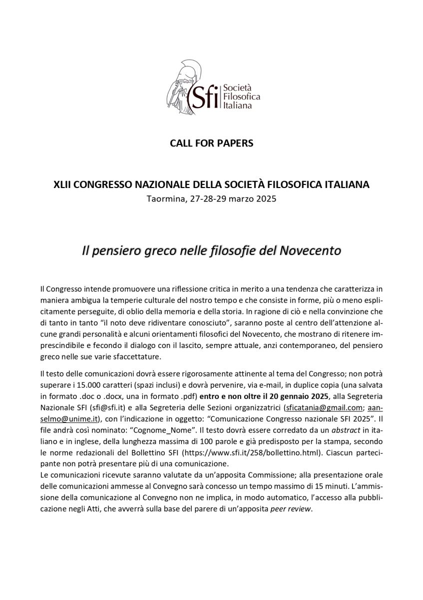 CALL FOR PAPERS - XLII CONGRESSO NAZIONALE DELLA SFI - Taormina, 27-28-29 marzo 2025 - Il pensiero greco nelle filosofie del Novecento