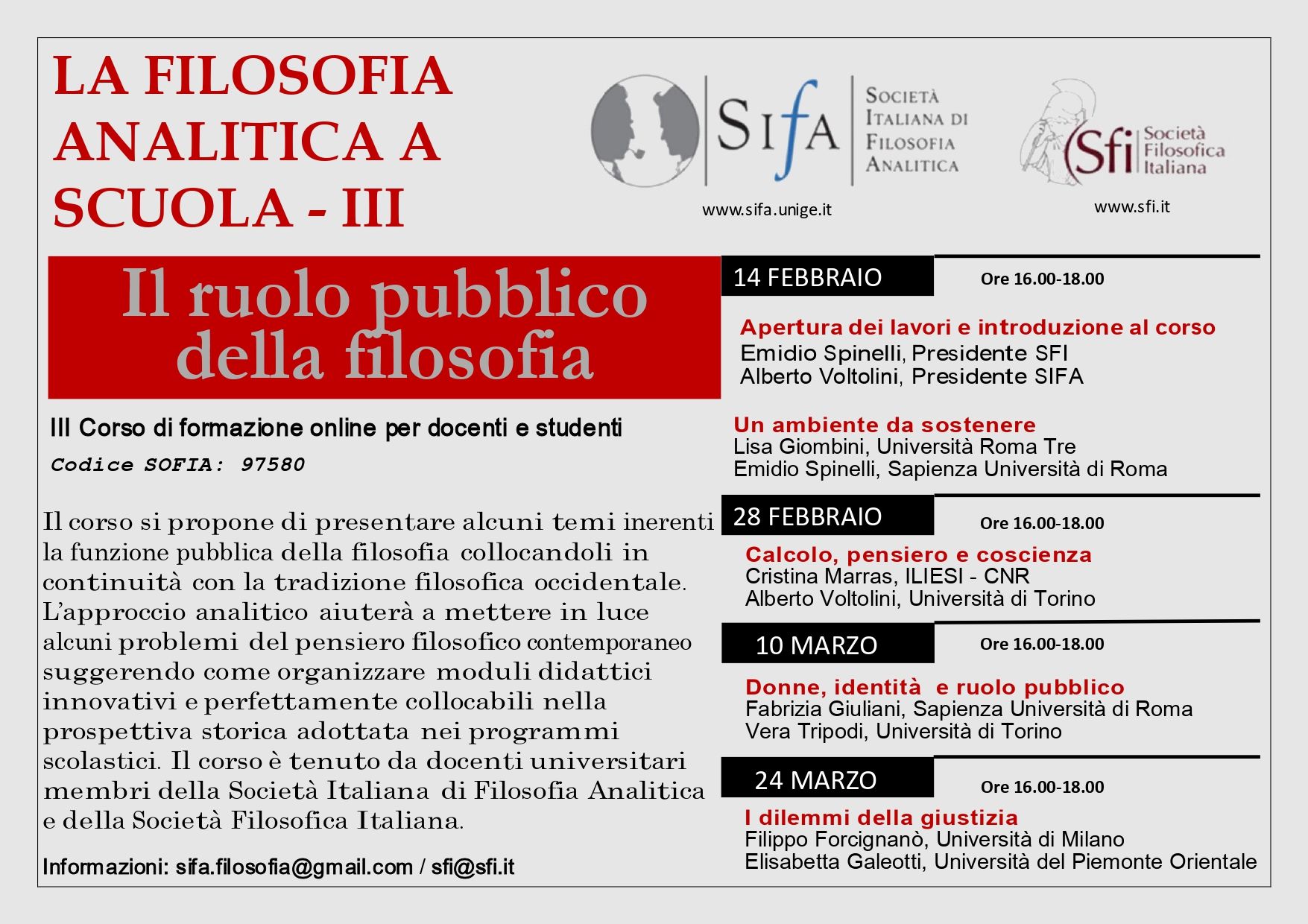 SIFA e SFI - Il ruolo pubblico della filosofia (III Corso di formazione online per docenti e studenti)