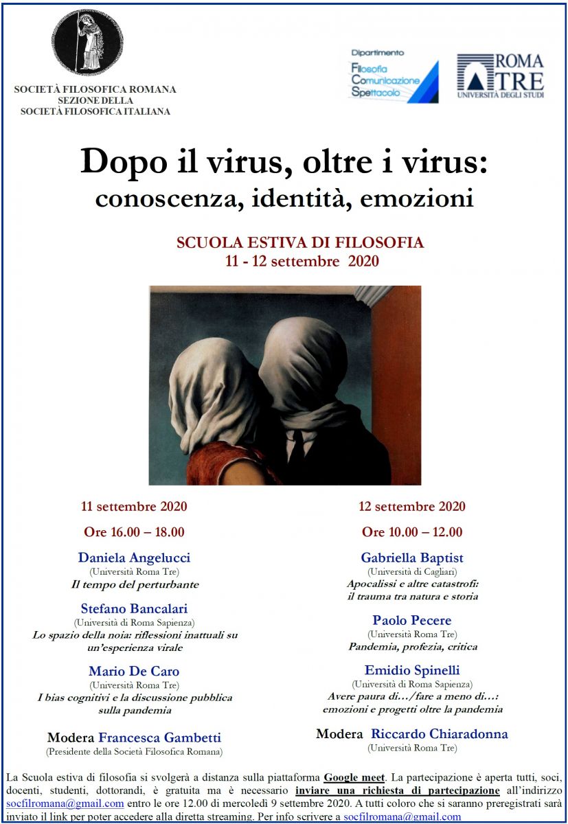 SCUOLA ESTIVA DI FILOSOFIA 2020: Dopo il virus, oltre i virus: conoscenza, identit&agrave;, emozioni
