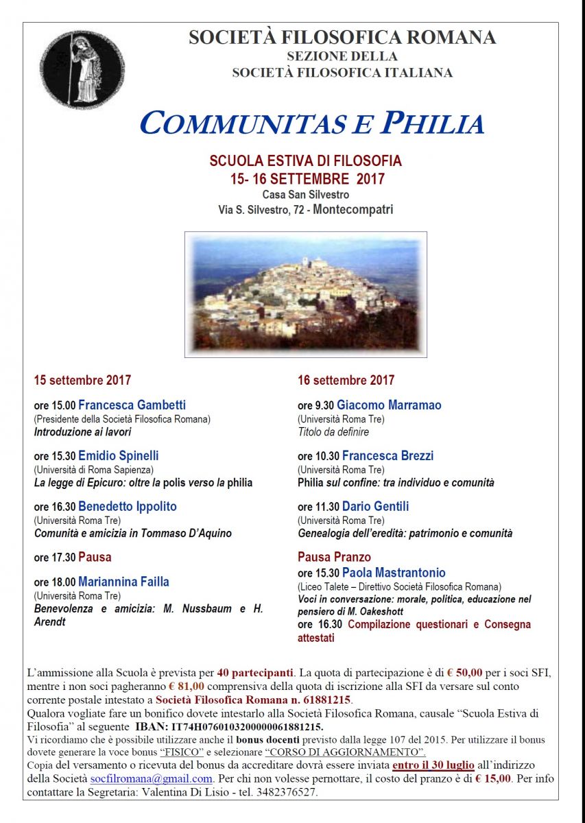 Scuola Estiva di Filosofia 2017: "Communitas e Philia"
